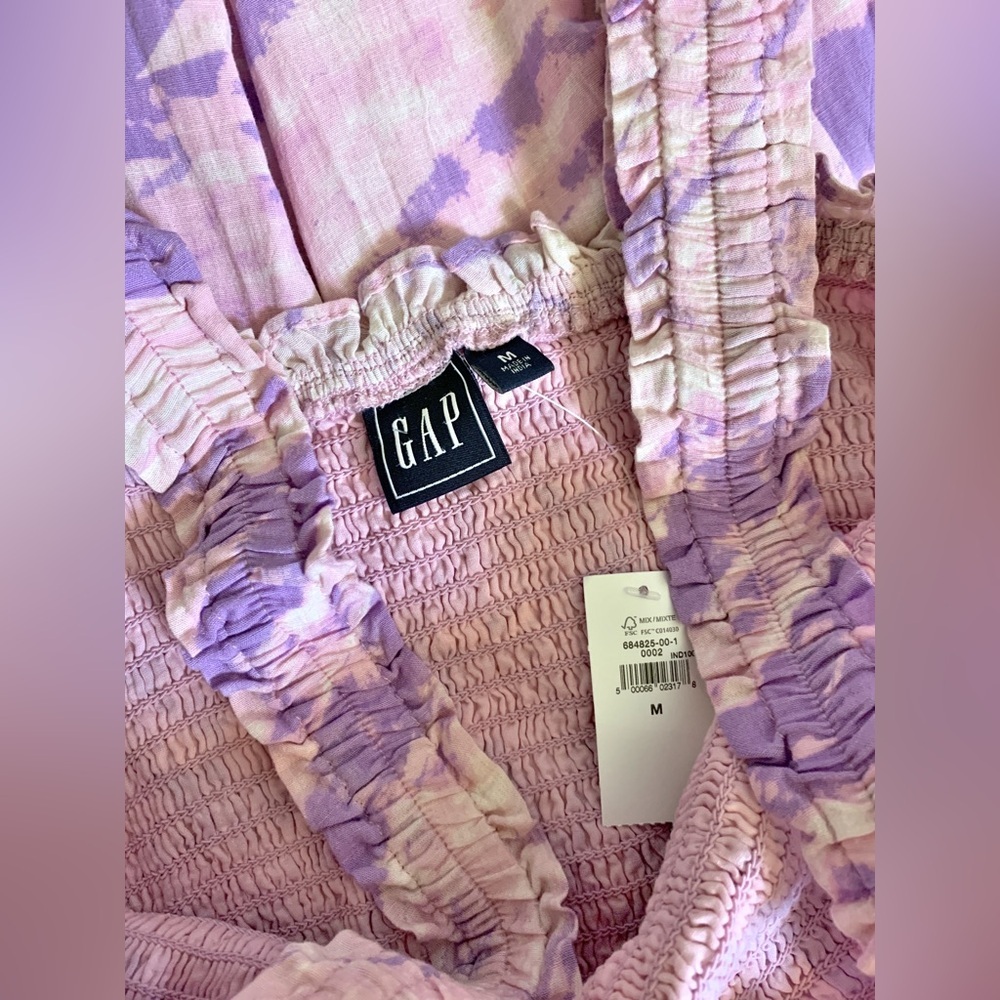 New GAP Pink and Lilac Tie Dye Print Smocked Casual Mini Sun Dress - Picture 7 of 9
